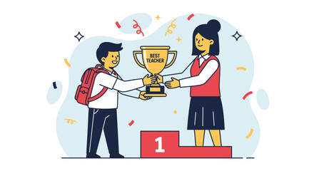 A young student proudly presents a "Best Teacher" trophy to their educator on a winner's podium, surrounded by celebratory confetti.