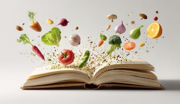 Open cookbook with fresh vegetables and ingredients flying out for culinary inspiration.