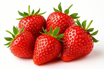 Fresh ripe strawberries close-up with one sliced to reveal juicy interior on pure white background &mdash; high-resolution macro food photography for recipes, smoothies, healthy eating and commercial produc