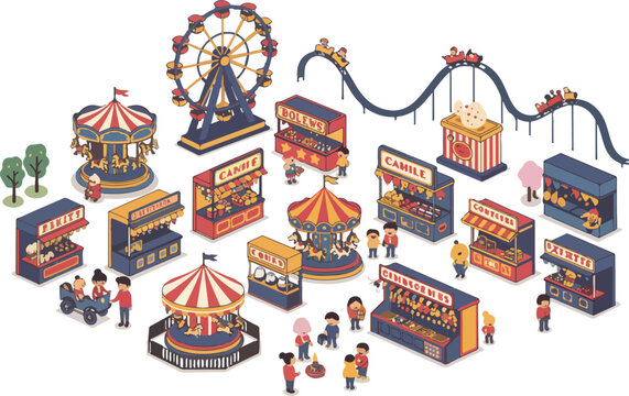 An isometric illustration of a vibrant amusement park with a Ferris wheel, roller coaster, carousels, various food and game stalls, and people enjoying the attractions.