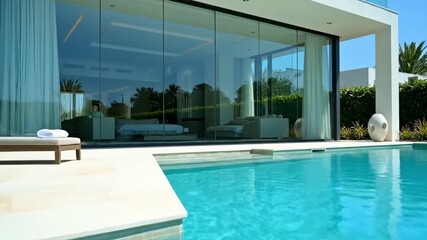 Luxurious modern villa with a private swimming pool and expansive glass walls, representing an exclusive and contemporary lifestyle - Powered by Adobe