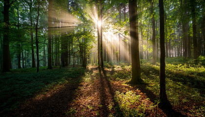 Obraz premium Luminous Rays Of Sunlight Filtering Through Trees In A Dark Forest Creating A Serene And Tranquil Atmosphere