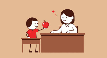 A young student in a red shirt offers a bright red apple to a smiling teacher sitting behind a desk in a classroom setting.