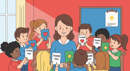 A teacher stands smiling in a classroom surrounded by diverse students holding up "Thank You" cards decorated with hearts and stars.
