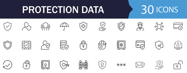 Data Protection line Icon set. Features icons of cyberspace, confidential, security and Firewall. Perfect for websites, security apps, and IT presentations.