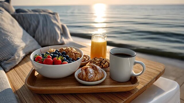 Fresh fruit, pastries, and coffee create the perfect breakfast experience by the ocean at sunrise