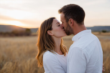 Obraz premium Couple kissing in the warm light of sunset