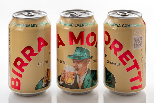 Italy - September 16, 2025: Cans of Moretti beer, a lager produced in Italy, a brand owned by Heineken.