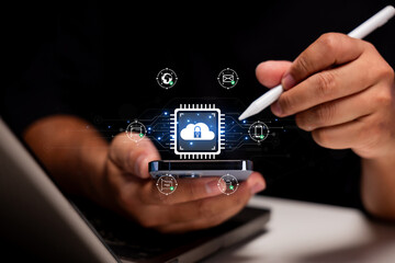 A person interacts with a smartphone displaying cloud security icons, symbolizing data protection...