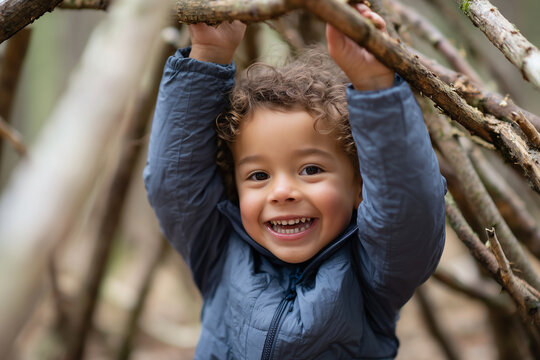 Little boy building a wooden fort with sticks in the forest, pure joy in his eyes, 