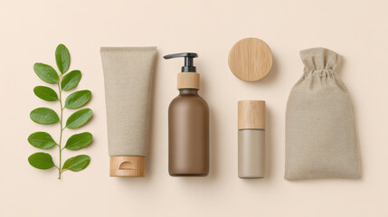 Natural cosmetic product mockup for beauty skincare. flat lay of blank container, pump bottle, tube, and pouch with green leaf on beige background promoting wellness