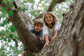 Kids climbing a big tree, helping each other, smiles full of adventure, 