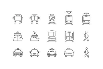 Collection of Transportation Icons Including Buses Trains Taxis and Pedestrians tram
