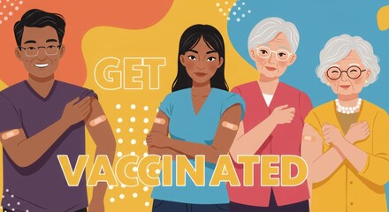 Get vaccinated! Diverse group of people showing bandages after receiving vaccination.  Promoting health and well-being.