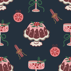 Seamless pattern with Christmas pudding, pink holiday cocktail with berries and bow, cinnamon sticks and citrus slices on dark. Festive hand-drawn vector design for wrapping paper, textile, wallpaper