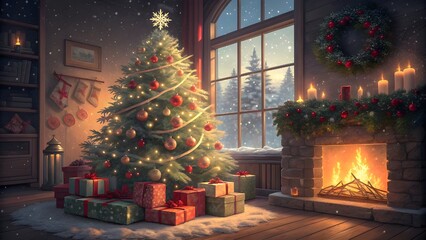 christmas tree and fireplace