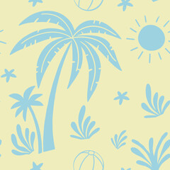 Seamless tropical palm tree pattern with sun and leaves in soft pastel colors. Perfect summer beach vector background for vacation, holiday, and travel themes. Ideal for fabric, wallpaper, and prints.
