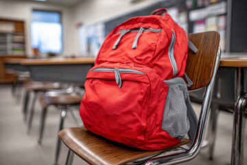 Backpack placed against classroom chair, ready for new school year, 