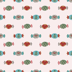 Seamless pattern with assorted wrapped candies featuring Christmas tree, bow, and stripe motifs on light background. Festive hand-drawn vector design for wrapping paper, textile, wallpaper, cover