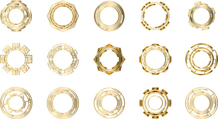 A versatile set of intricate golden futuristic circular ornaments and sacred geometry symbols. Abstract vector design elements for creative projects