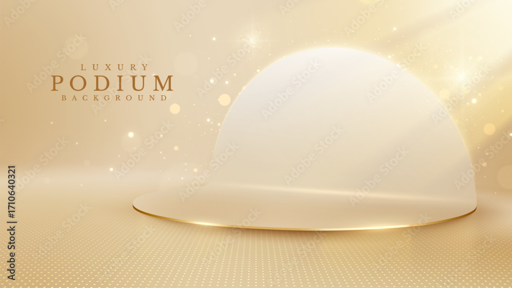 Wall mural luxury golden podium with light effect and elegant bokeh effects on cream background.