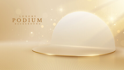 Fototapeta na wymiar Luxury golden podium with light effect and elegant bokeh effects on cream background.