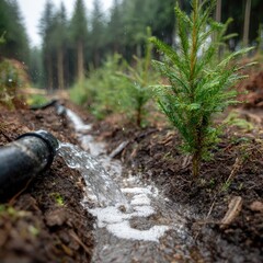 Fototapeta premium Sustainable forestry practice watering young evergreen saplings in a woodland setting.
