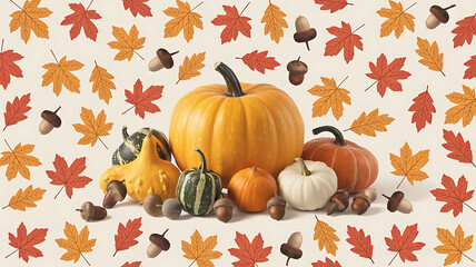 Autumn Harvest Still Life with Pumpkins Gourds and Acorns on Background