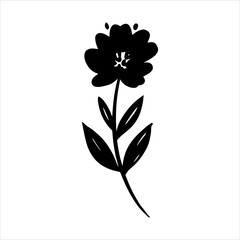 Simple Black Floral Illustration Delicate Flower with Stem and Leaves on White Background