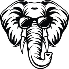 Cartoon elephant with sunglasses looks cool in black and white animal face
