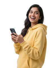 Yellow hoodie girl with phone, transparent PNG. Smiling model looks away, great for social media, web design, posters.