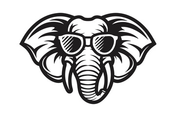 Cartoon monochrome elephant wears striped sunglasses in a closeup head shot featuring bold design