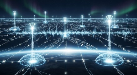 Global network connection and data connections traffic concept with aurora borealis background