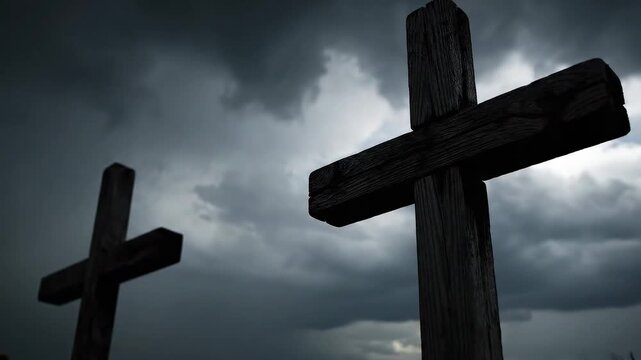 Two wooden crosses silhouetted against a stormy sky.