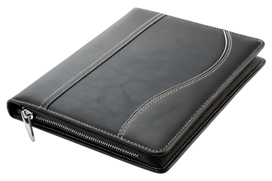 Black leather bifold wallet with zipper closure and stitching detail
