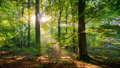 Obraz premium Sunlight Shines Through Dense Forest Canopy Highlighting Vibrant Leaves