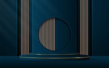 Blue podium with elegant golden lines with brown slatted backdrop for advertisement display. Display of cosmetic products. stage or podium. vector illustration	