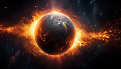 Mysterious Dark Planet Surrounded By Fiery Aura And Cosmic Energy