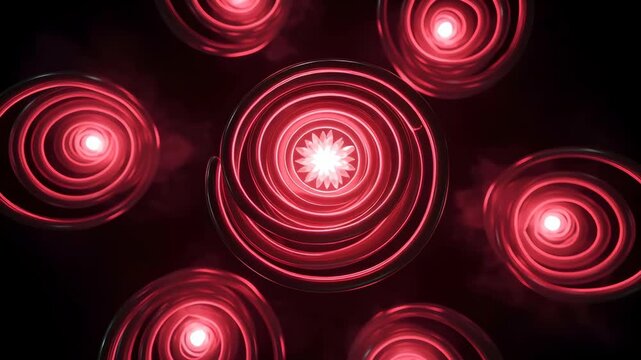 Red Swirls Pattern with Concentric Circles in Dark Background with Glowing Center Perfect for Adobe Stock