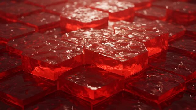 Red Translucent Cubes Arranged in Hexagonal Pattern Lit from Behind