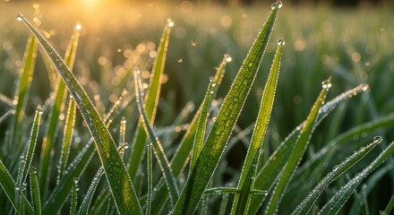 Fresh Green Grass Blades Adorned with Sparkling Morning Dew Drops, Bathed in Gentle Sunlight.