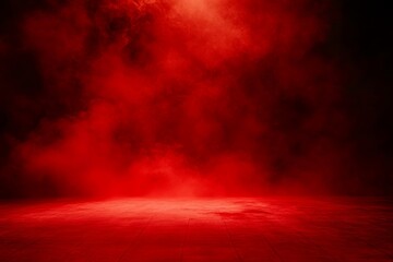 Dramatic red misty atmosphere with eerie smoke over wooden floor