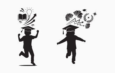 Joyful graduation celebration two students silhouette jumping excitedly with symbols of learning and growth