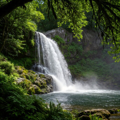 Obraz premium A lush, verdant landscape of waterfalls cascading over rocky cliffs. The surrounding area is densely forested, providing a serene and natural environment.
