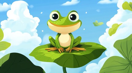 Frog with lotus leaf in summer pond