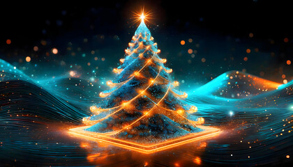 3D Abstract realistic illustration of neon light featuring orange and blue xmas tree on digital art concept, Generative AI.