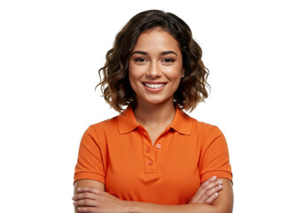 Young woman with curly hair smiling with arms crossed isolated on transparent background