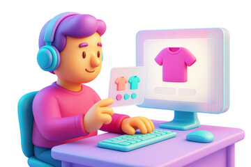 Cartoon character selecting shirt colors on desktop computer, colorful style, isolated on white background, concept of online shopping, Ai generative