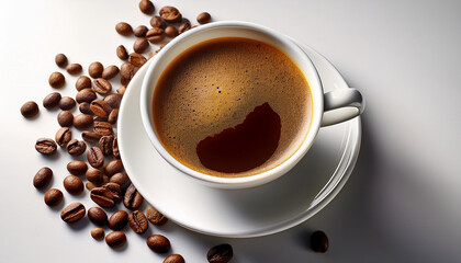 Fototapeta premium The Image Shows A Cup Of Freshly Brewed Coffee With Foam Accompanied By Scattered Coffee Beans On A Light Background The Scene Evokes A Sense Of Coziness And Freshness