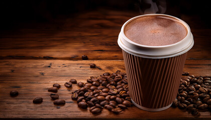 Warm Paper Cup Filled With Rich Hot Cocoa Placed On A Rustic Wooden Table With Scattered Coffee Beans And A Cozy Atmosphere Ample Copy Space